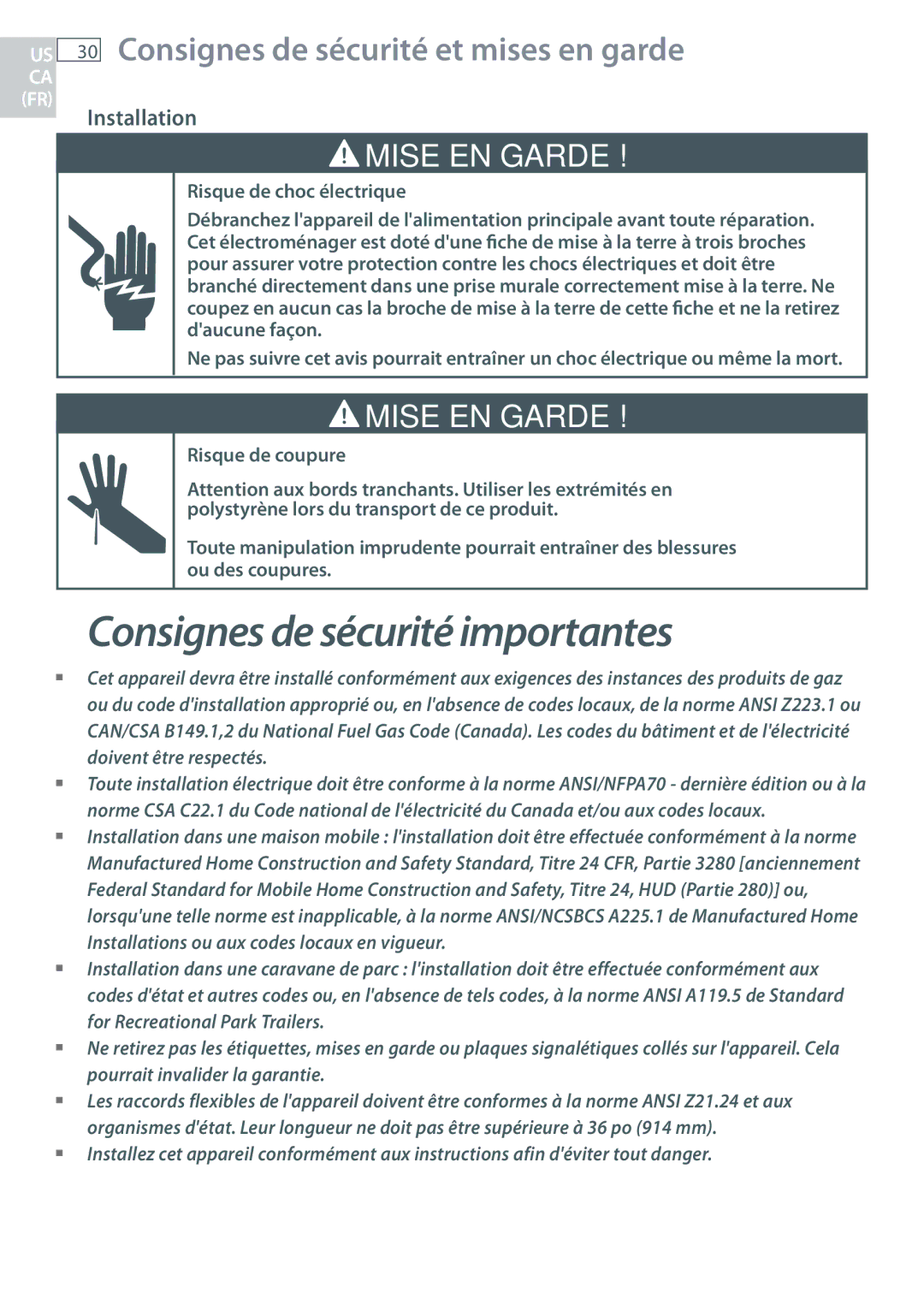 Fisher & Paykel CG365D, CG365C installation instructions Consignes de sécurité et mises en garde, Mise EN Garde 