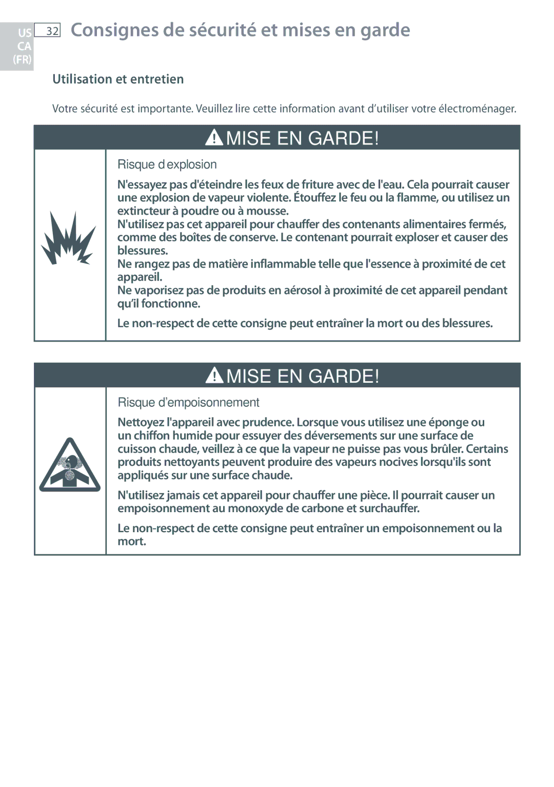 Fisher & Paykel CG365D, CG365C installation instructions Utilisation et entretien, Risque d’explosion 