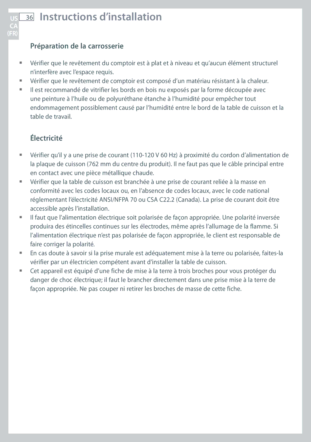 Fisher & Paykel CG365D, CG365C Instructions d’installation, Préparation de la carrosserie, Électricité 