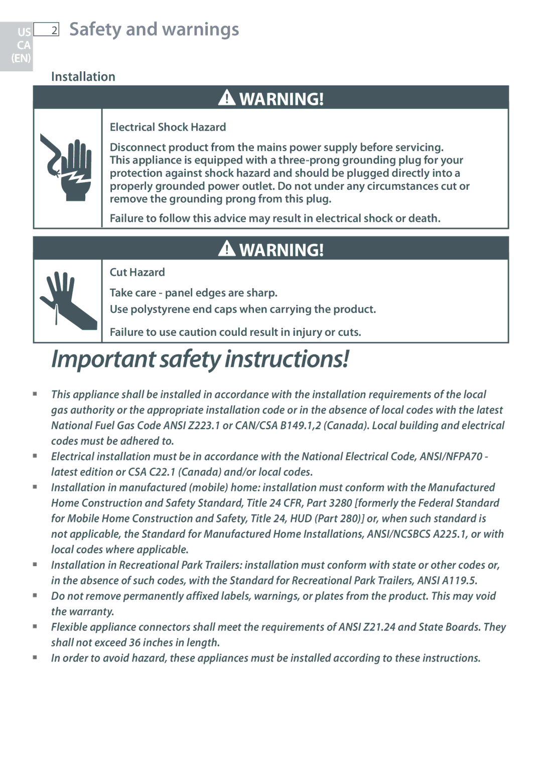 Fisher & Paykel CG365D, CG365C installation instructions Safety and warnings, Installation 