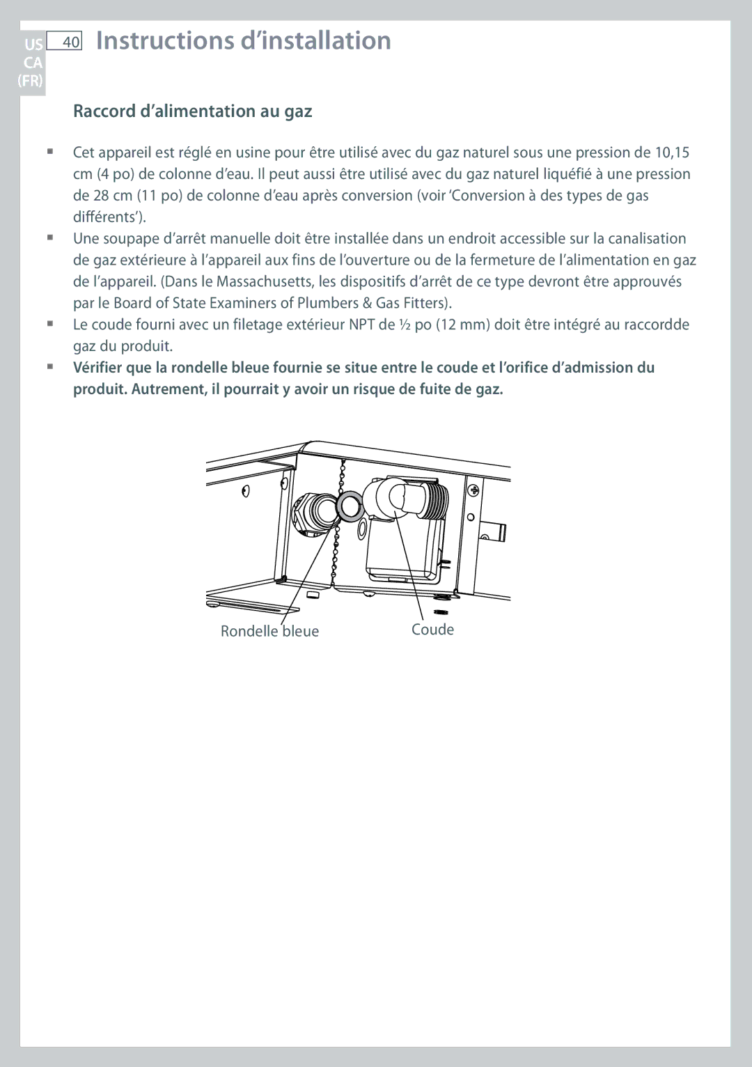 Fisher & Paykel CG365D, CG365C installation instructions Raccord d’alimentation au gaz, Rondelle bleue 