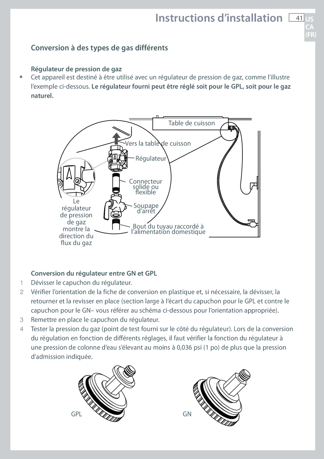 Fisher & Paykel CG365C, CG365D Conversion à des types de gas différents, Régulateur de pression de gaz 