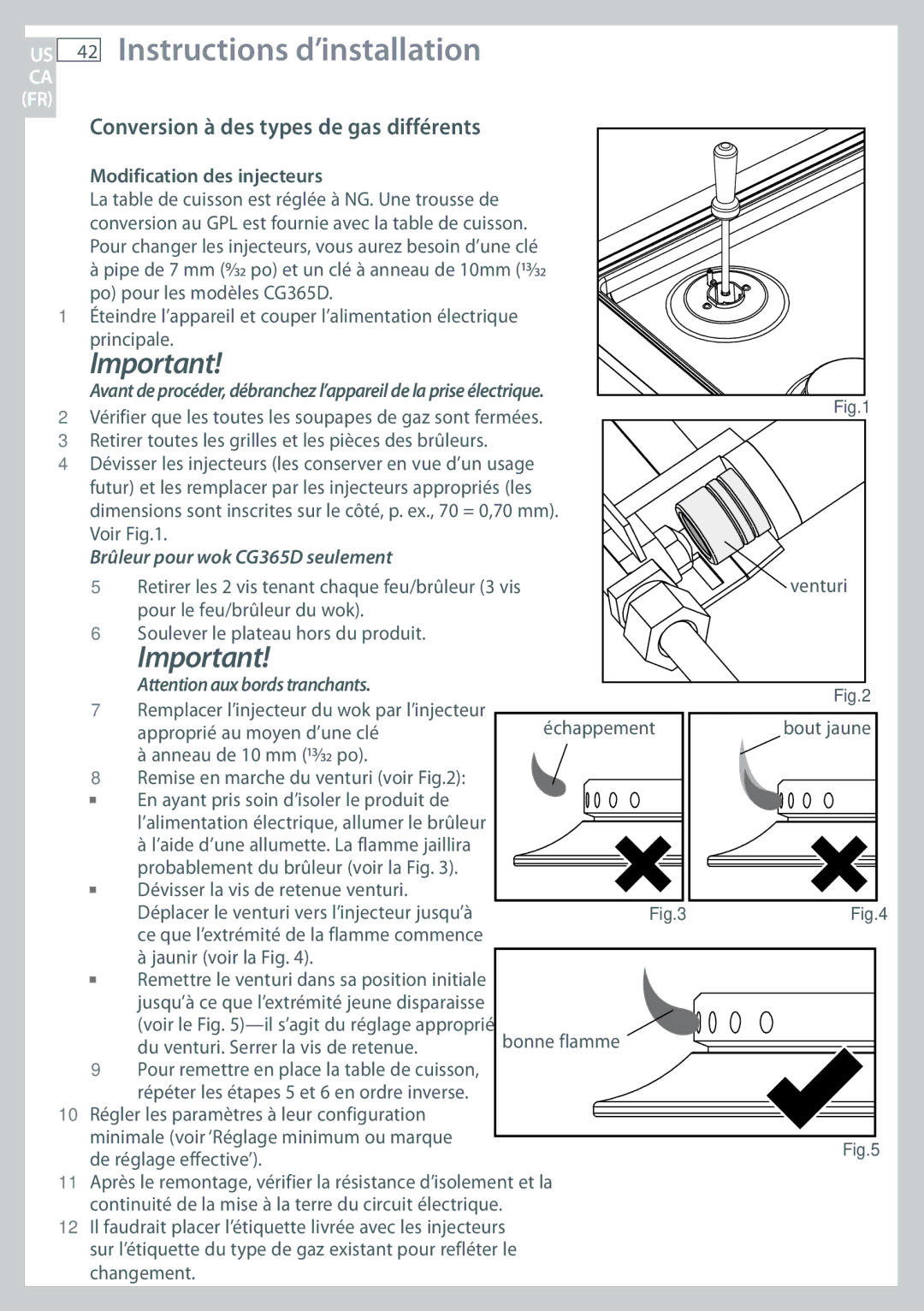 Fisher & Paykel CG365D Modification des injecteurs, 10 Régler les paramètres à leur configuration, De réglage effective’ 