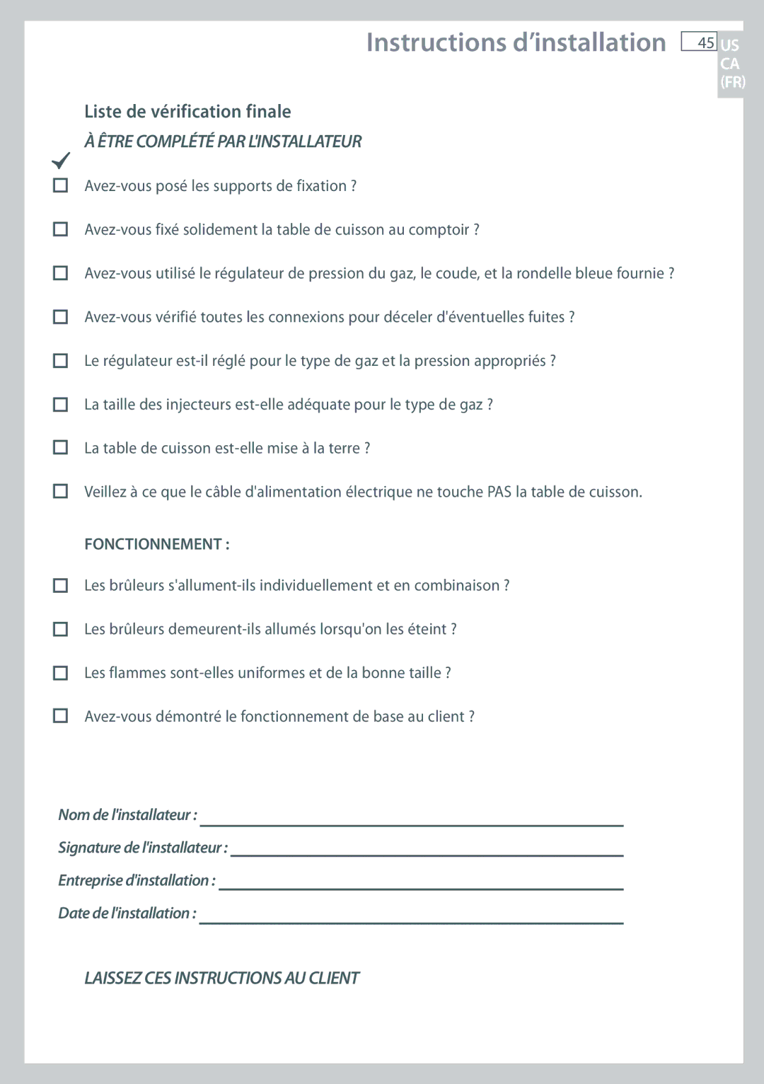 Fisher & Paykel CG365C, CG365D installation instructions Liste de vérification finale, Être Complété PAR Linstallateur 