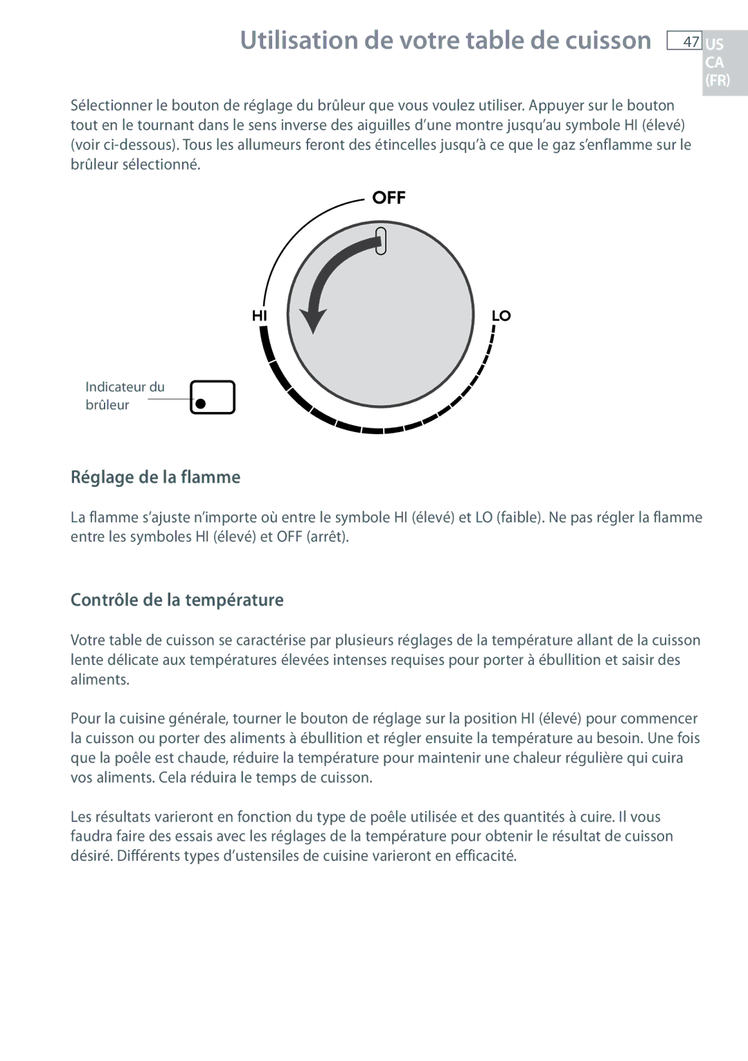 Fisher & Paykel CG365C, CG365D installation instructions Réglage de la flamme, Contrôle de la température 