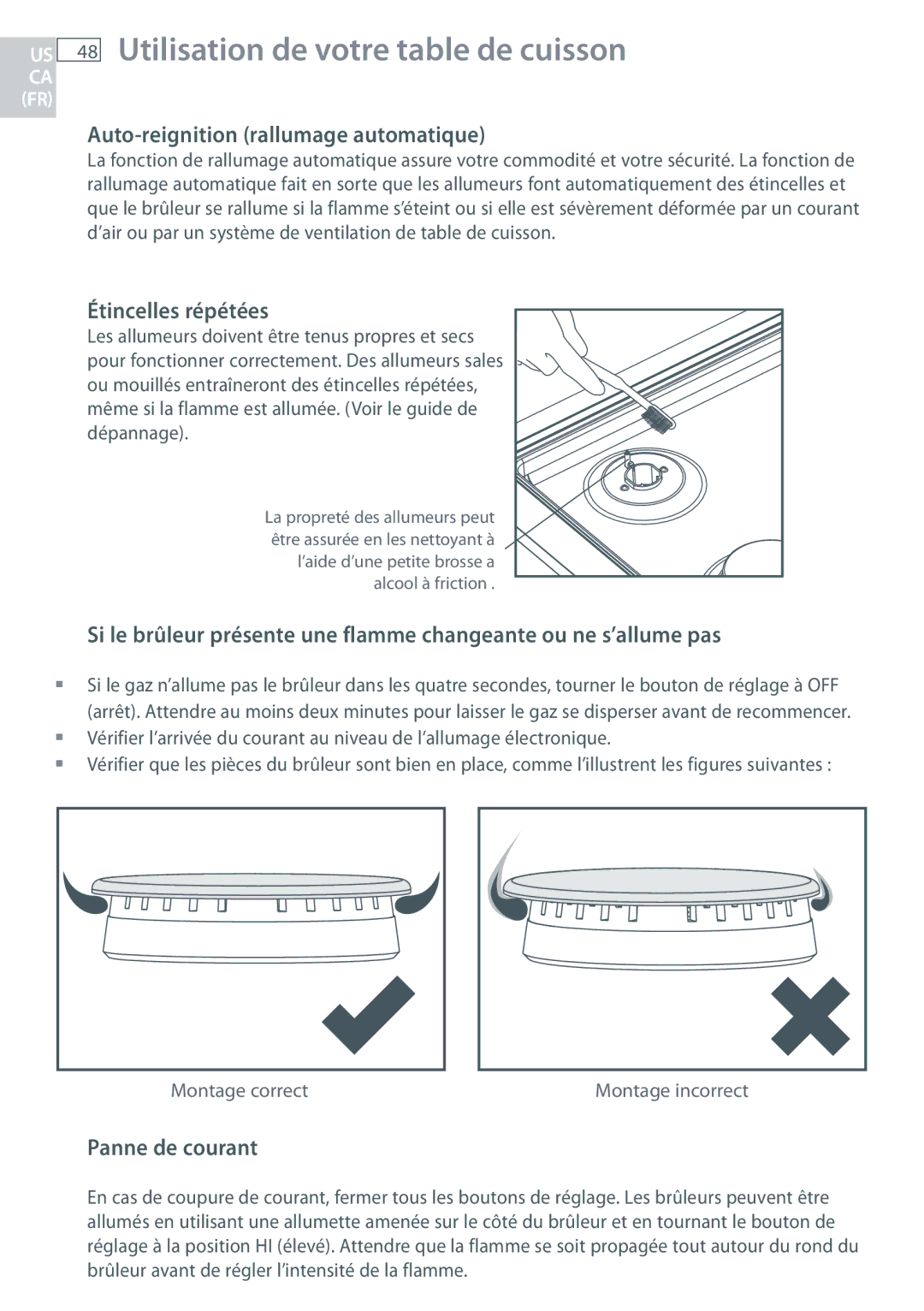 Fisher & Paykel CG365D Utilisation de votre table de cuisson, Auto-reignition rallumage automatique, Étincelles répétées 