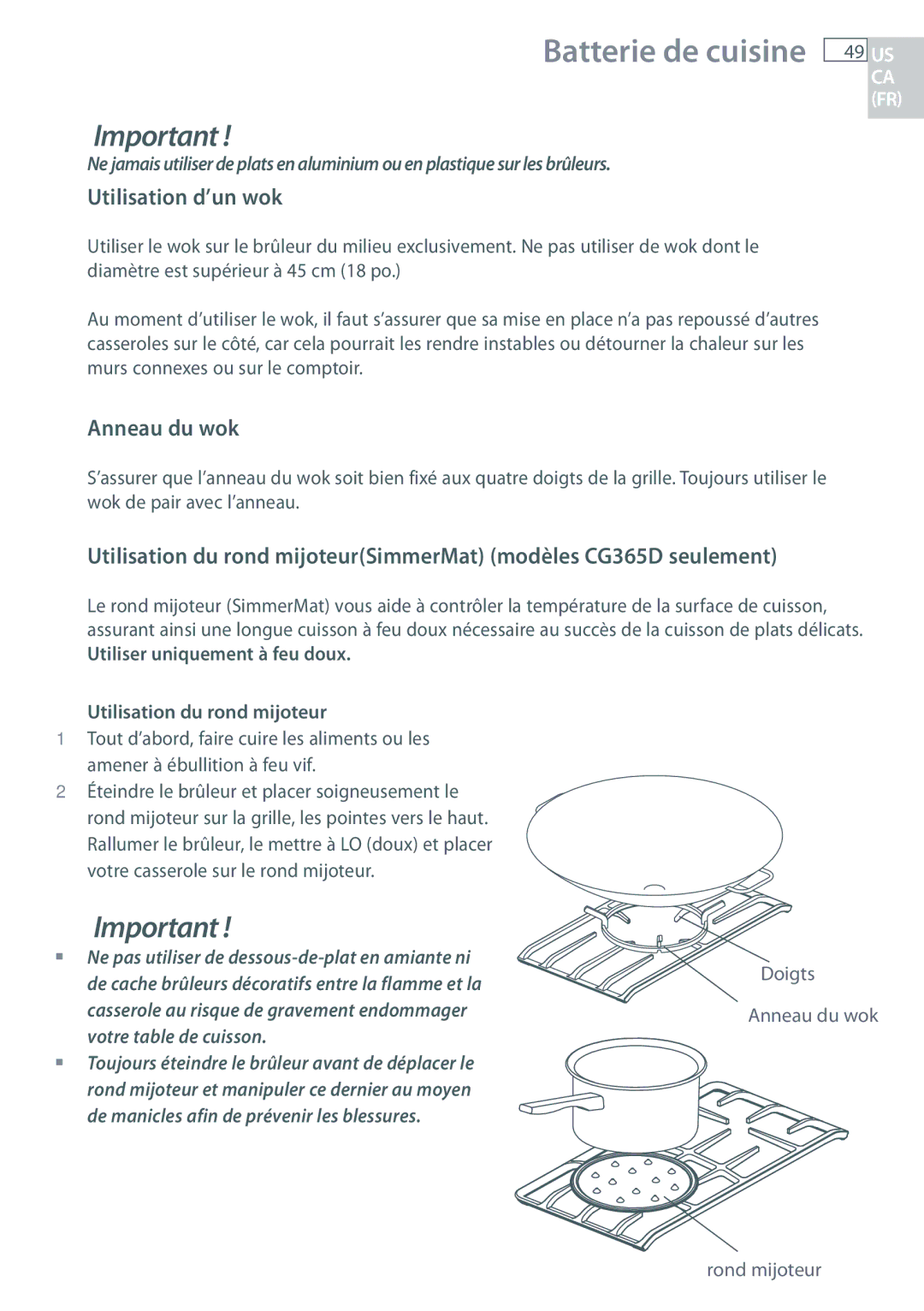 Fisher & Paykel CG365C, CG365D installation instructions Batterie de cuisine, Utilisation d’un wok, Anneau du wok 