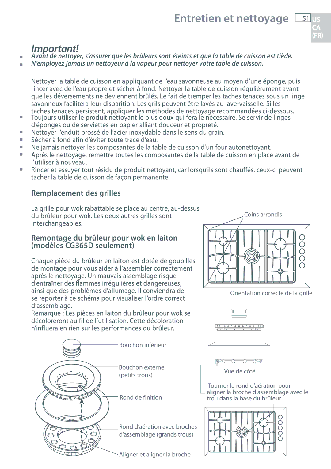 Fisher & Paykel CG365C, CG365D installation instructions Entretien et nettoyage, Remplacement des grilles 