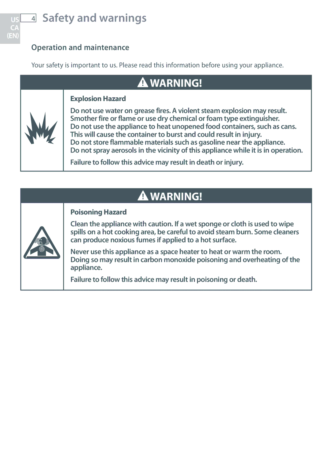 Fisher & Paykel CG365D, CG365C installation instructions Operation and maintenance, Explosion Hazard 