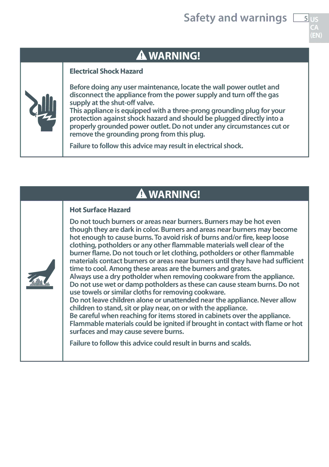 Fisher & Paykel CG365C, CG365D installation instructions Failure to follow this advice may result in electrical shock 