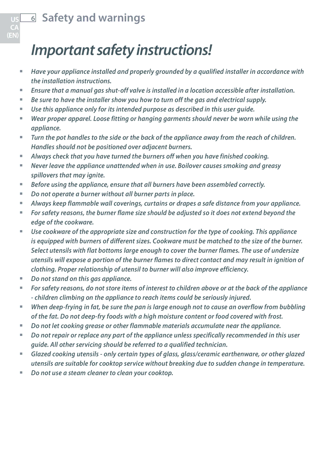 Fisher & Paykel CG365D, CG365C installation instructions Do not stand on this gas appliance 