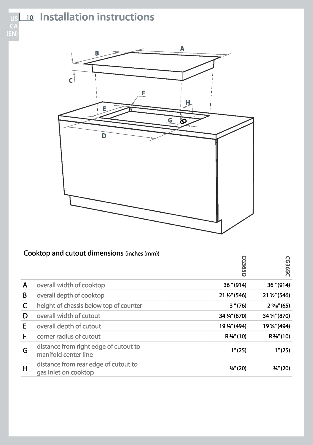 Fisher & Paykel CG365D, CG365C Installation instructions, Cooktop and cutout dimensions inches mm, F H E G D 