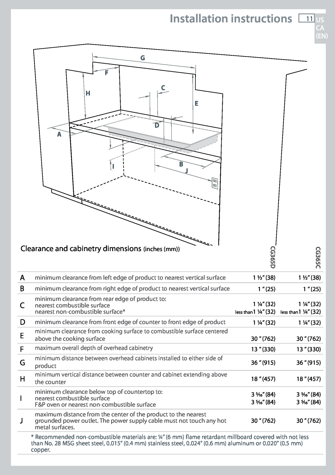 Fisher & Paykel CG365C, CG365D Installation instructions, Clearance and cabinetry dimensions inches mm, G F C H D A I B 