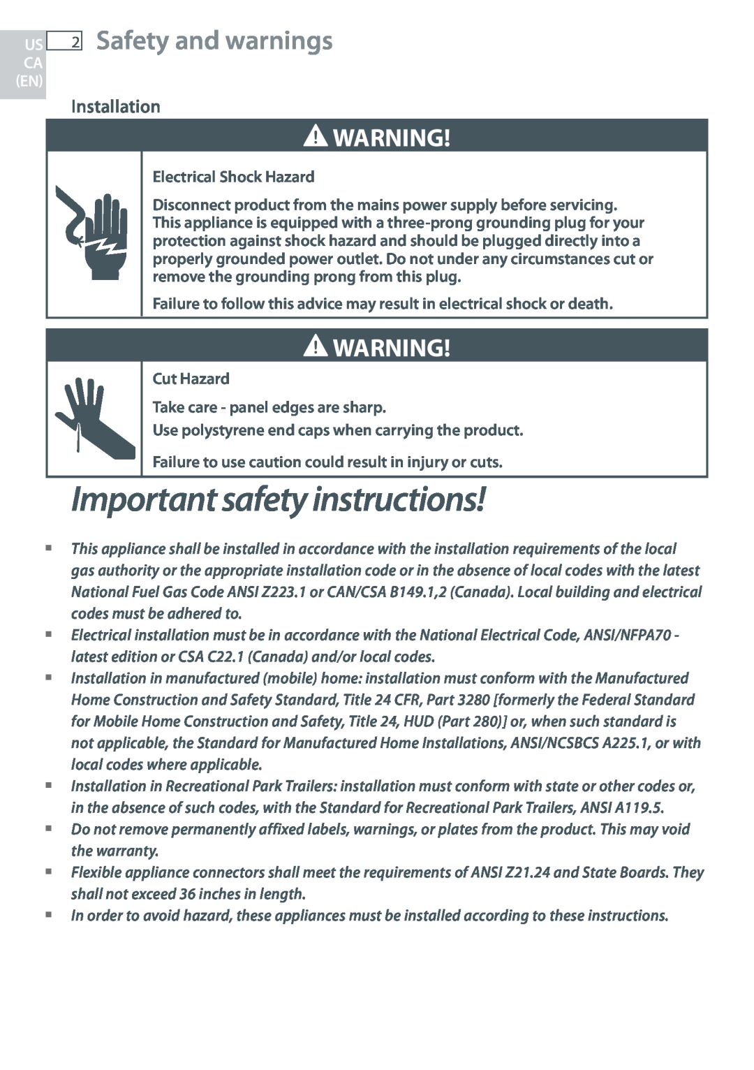 Fisher & Paykel CG365D, CG365C Important safety instructions, 2Safety and warnings, Installation, Electrical Shock Hazard 