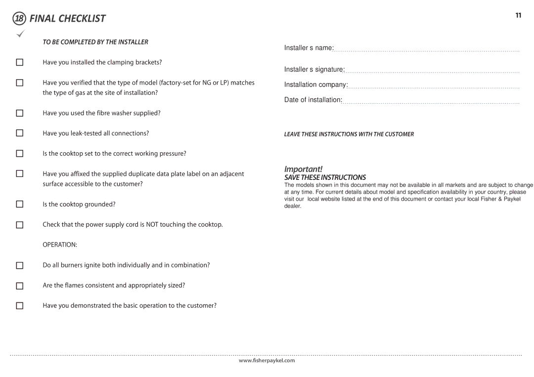 Fisher & Paykel CG365D installation instructions Final Checklist, To be Completed by the Installer 