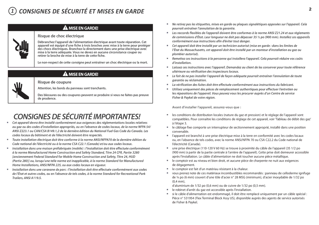 Fisher & Paykel CG365D installation instructions Consignes DE Sécurité ET Mises EN Garde, Mise EN Garde 