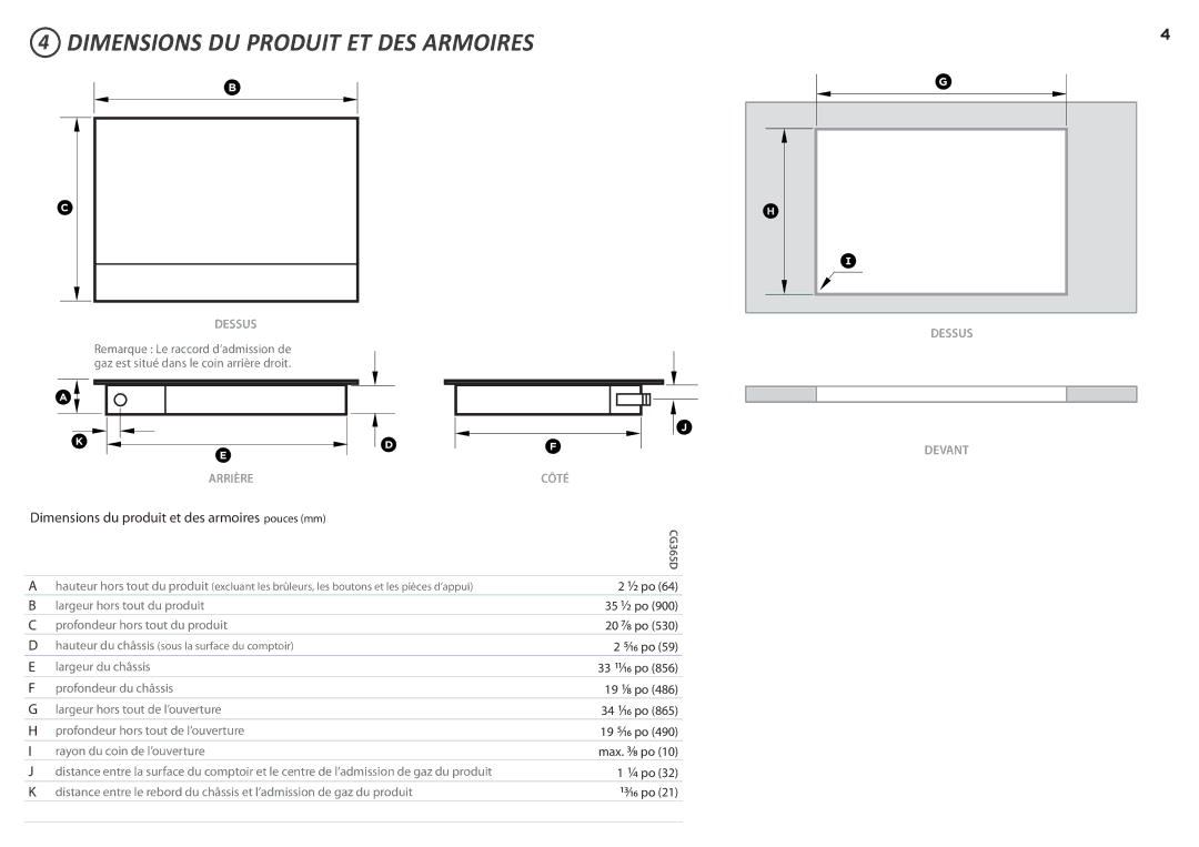 Fisher & Paykel CG365D Dimensions DU Produit ET DES Armoires, Dimensions du produit et des armoires pouces mm 