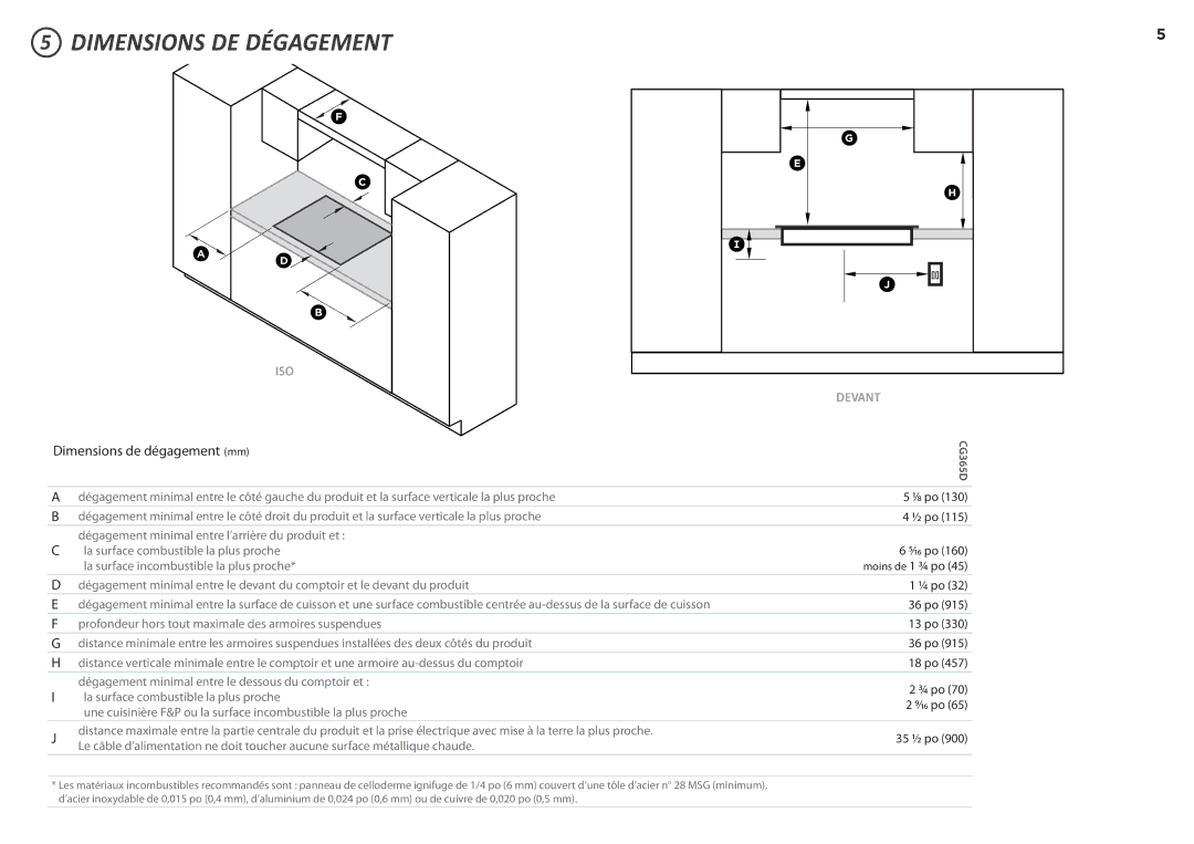 Fisher & Paykel CG365D installation instructions Dimensions DE Dégagement, Dimensions de dégagement mm 