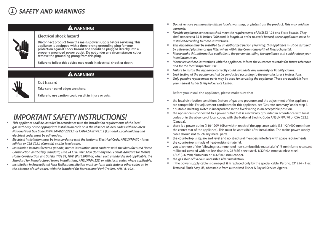 Fisher & Paykel CG365D installation instructions Safety and Warnings, Electrical shock hazard 