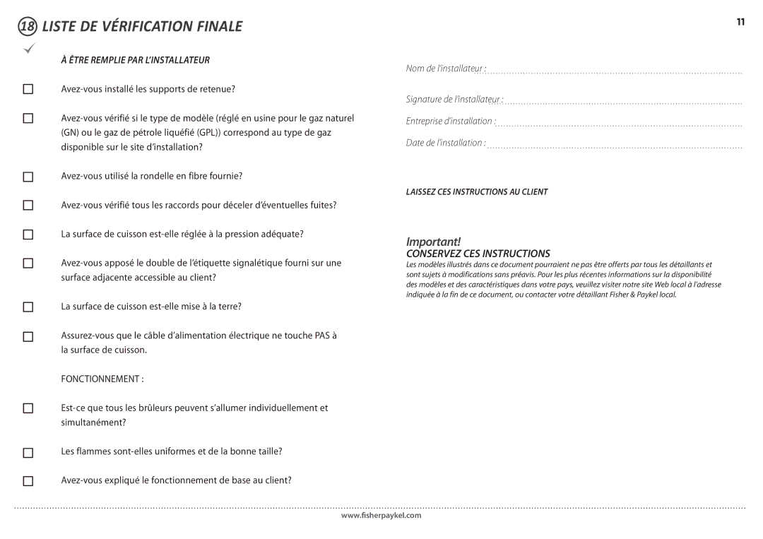 Fisher & Paykel CG365D installation instructions Liste DE Vérification Finale, Être Remplie PAR L’INSTALLATEUR 