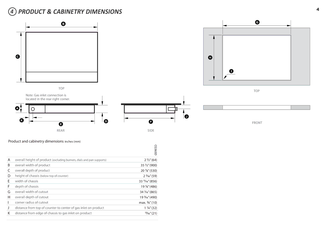 Fisher & Paykel CG365D installation instructions Product & Cabinetry Dimensions, Product and cabinetry dimensions inches mm 