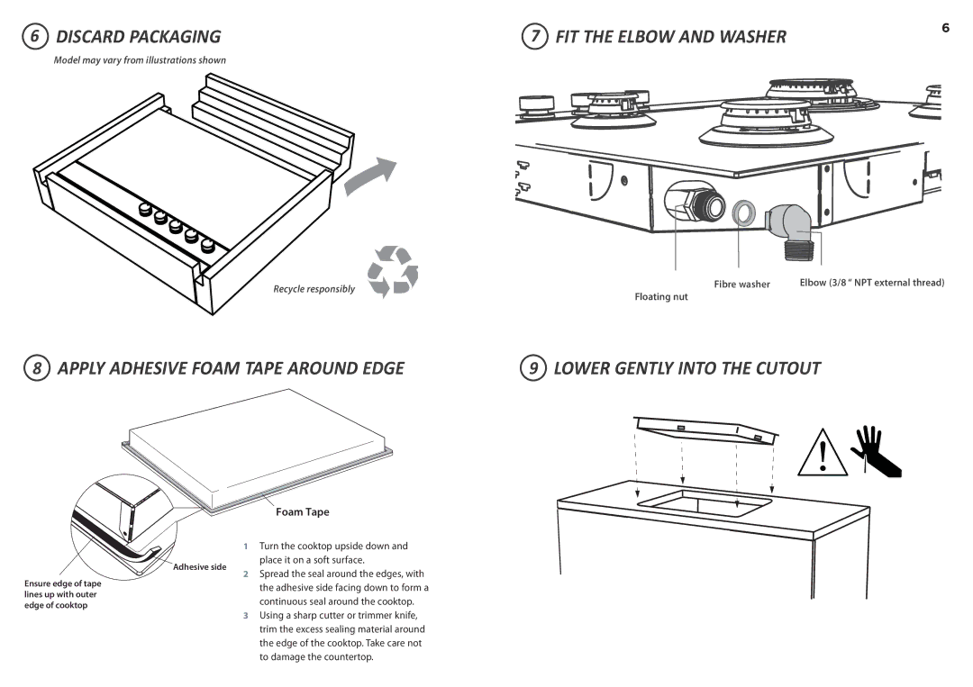 Fisher & Paykel CG365D installation instructions Discard Packaging, Lower Gently Into the Cutout 