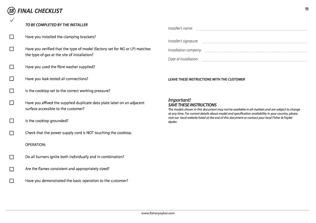 Fisher & Paykel CG365D 18FINAL CHECKLIST, Save These Instructions, To Be Completed By The Installer 