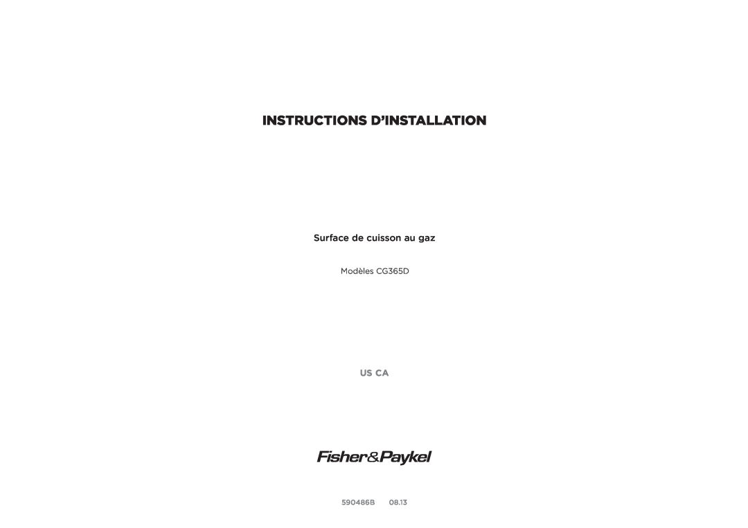 Fisher & Paykel Instructions D’Installation, Surface de cuisson au gaz, Us Ca, Modèles CG365D, 590486B 