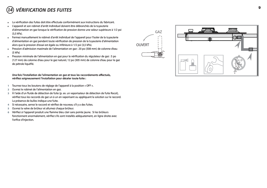Fisher & Paykel CG365D installation instructions 14VÉRIFICATION DES FUITES, Ouvert 