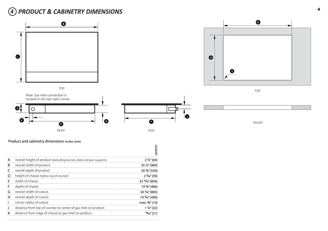 Fisher & Paykel CG365D 4PRODUCT & CABINETRY DIMENSIONS, A K E, Product and cabinetry dimensions inches mm 