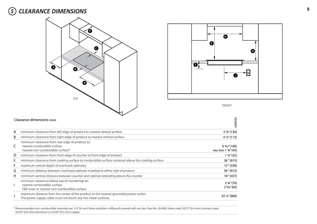 Fisher & Paykel CG365D installation instructions Clearance Dimensions 