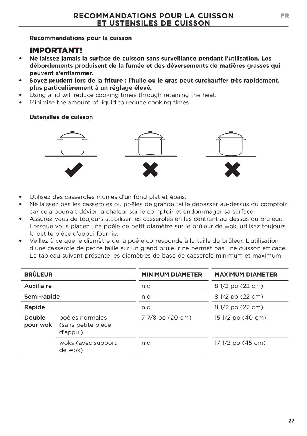 Fisher & Paykel CG365DW manual Recommandations Pour LA Cuisson ET Ustensiles DE Cuisson, Ustensiles de cuisson 