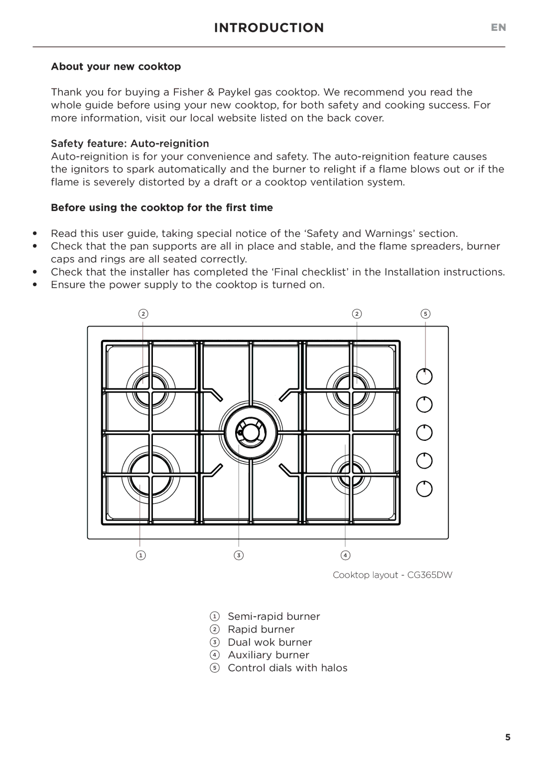 Fisher & Paykel CG365DW manual Introduction, About your new cooktop, Before using the cooktop for the first time 