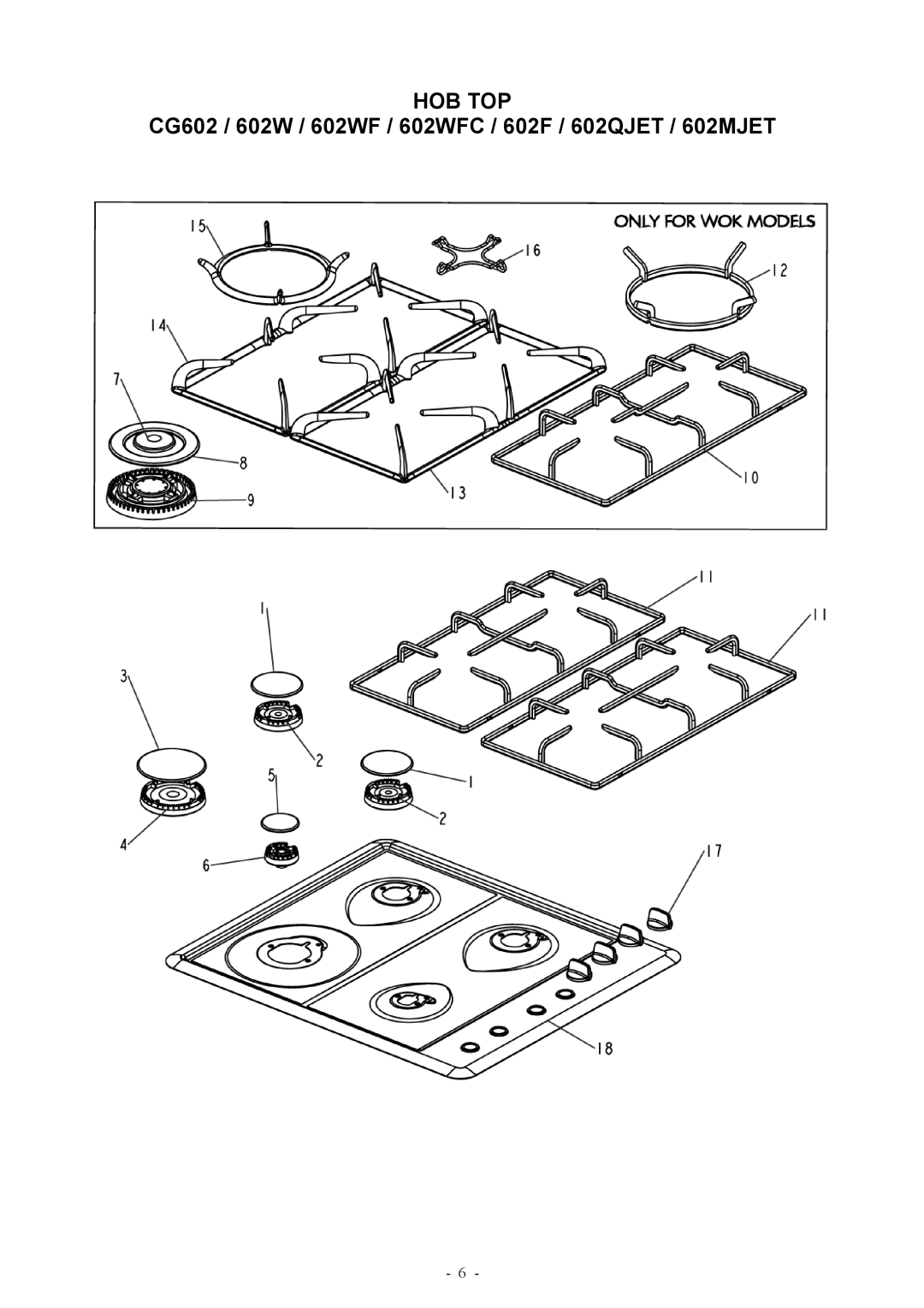 Fisher & Paykel CG602QJET, CG602MJET, CG602F, CG602WFC manual Hob Top 