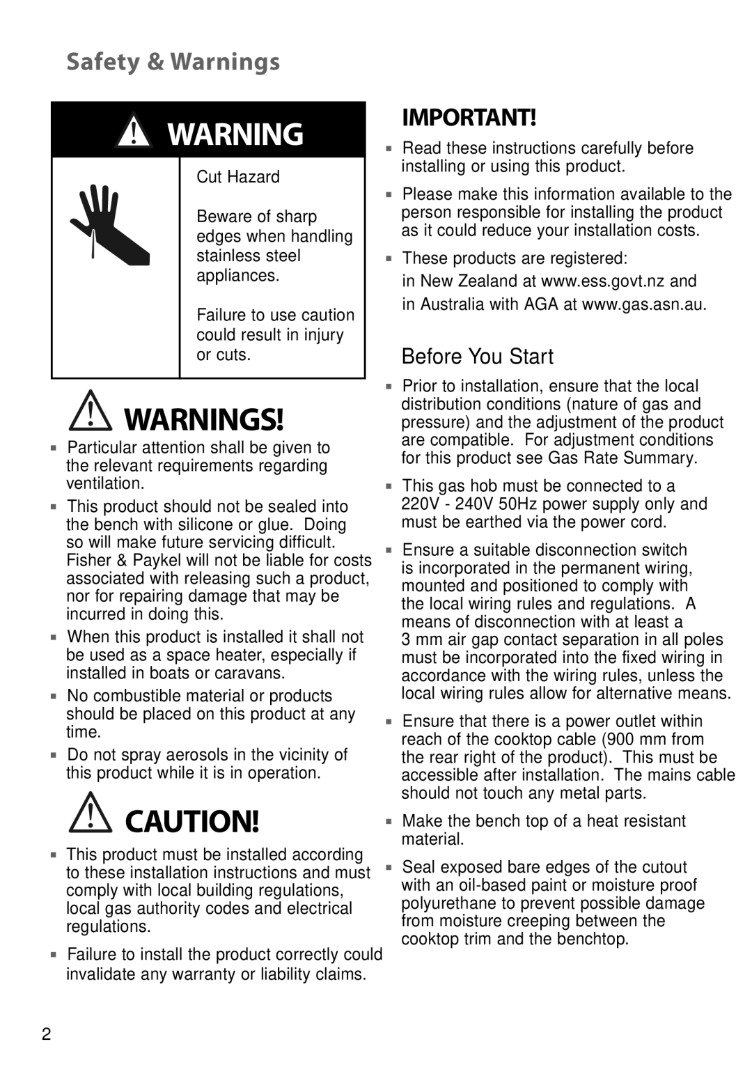 Fisher & Paykel CG602 installation instructions Safety & Warnings, Before You Start, These products are registered 