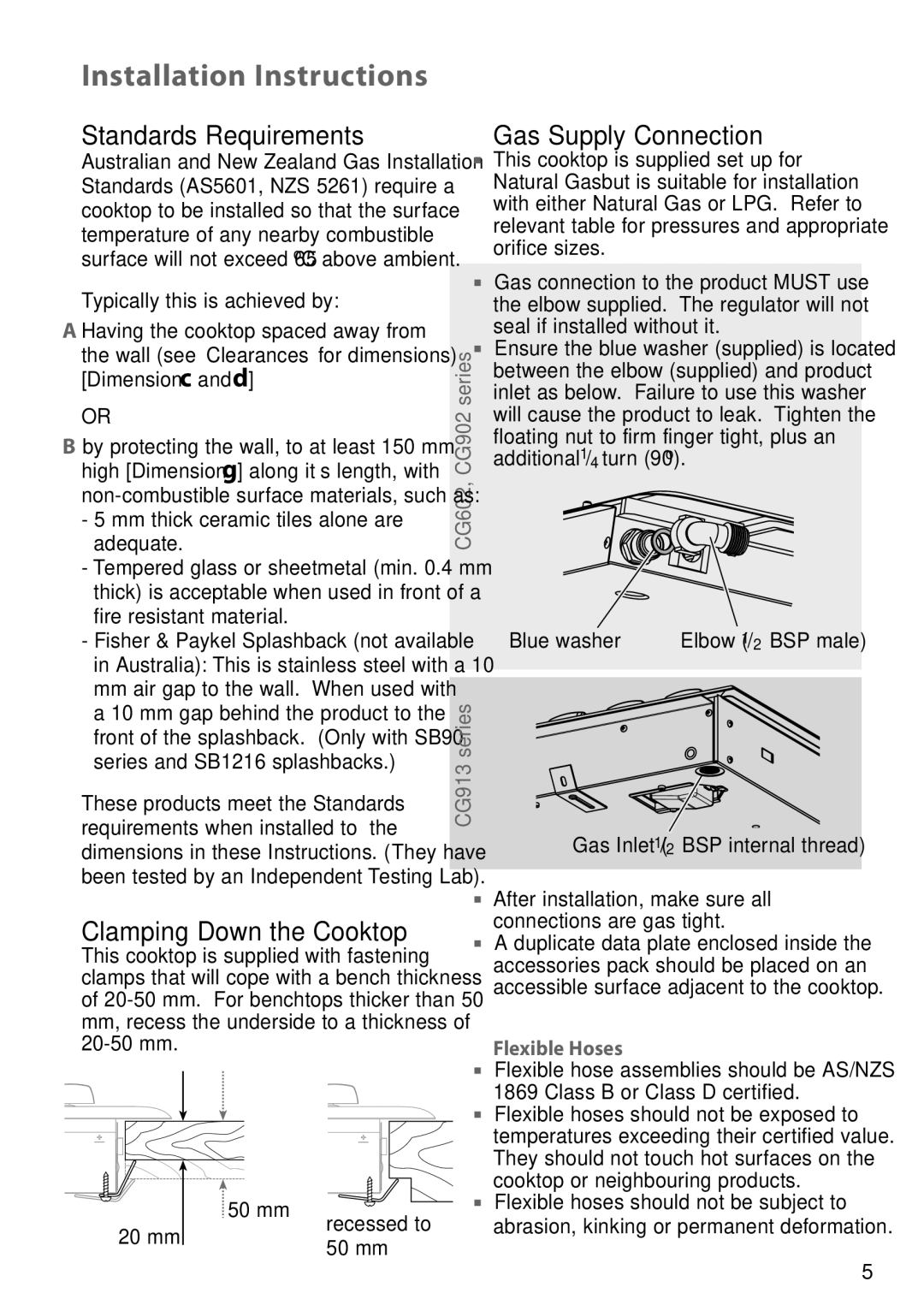 Fisher & Paykel CG602 Standards Requirements, Clamping Down the Cooktop, Gas Supply Connection, Flexible Hoses 