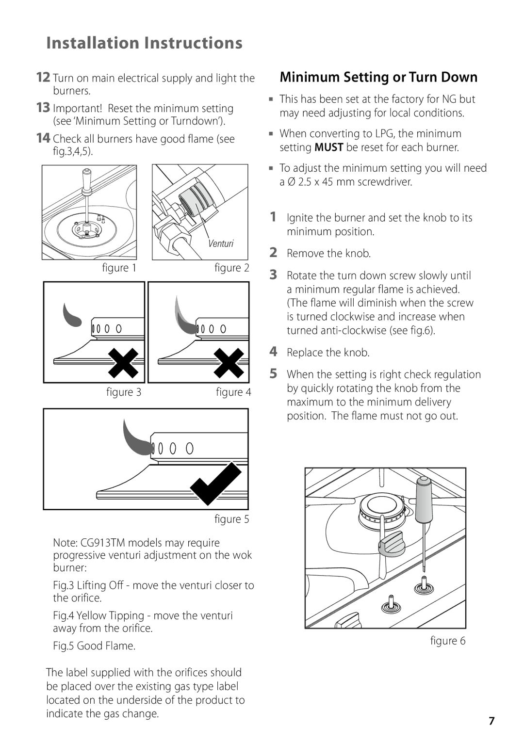 Fisher & Paykel CG602 Minimum Setting or Turn Down, Turn on main electrical supply and light the burners, Replace the knob 