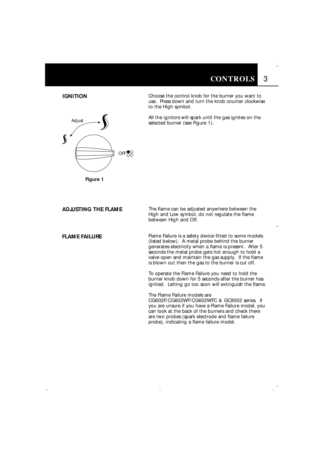 Fisher & Paykel CG602 manual Controls, Ignition, Adjusting the Flame Flame Failure 