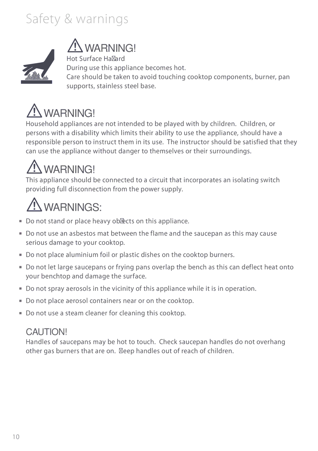 Fisher & Paykel CG902Q, CG602M, CG902M manual Safety & warnings 