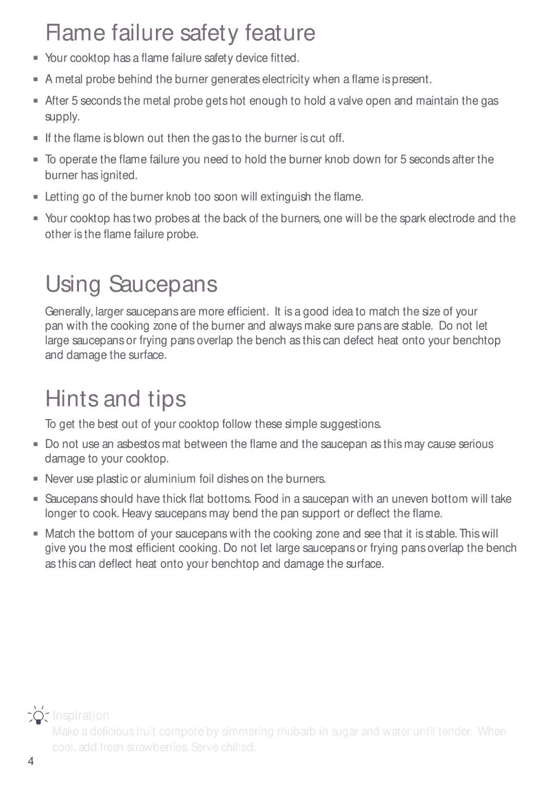 Fisher & Paykel CG902Q, CG602M, CG902M manual Flame failure safety feature, Using Saucepans, Hints and tips 