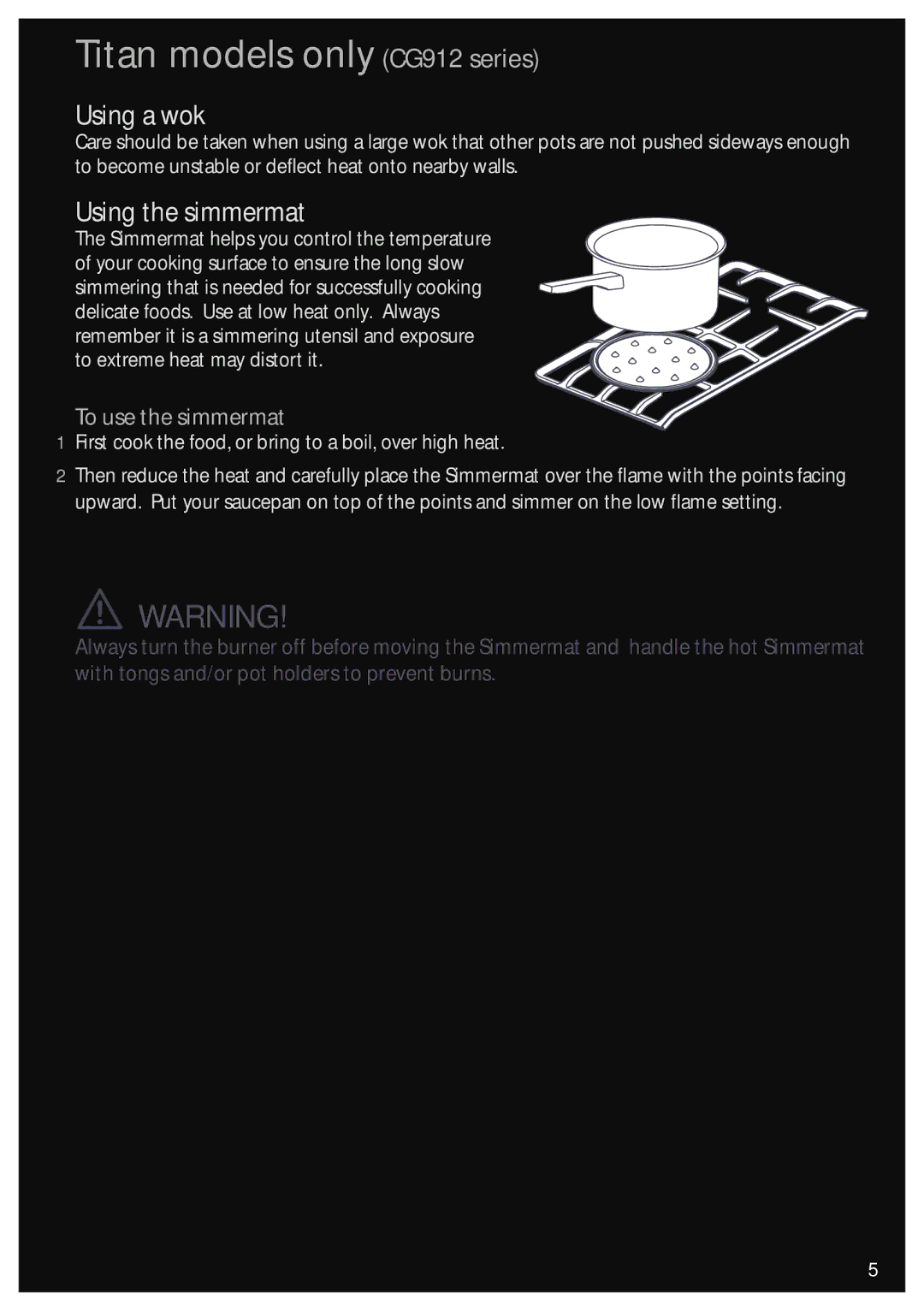 Fisher & Paykel CG602M, CG902M manual Titan models only CG912 series, Using a wok, Using the simmermat, To use the simmermat 
