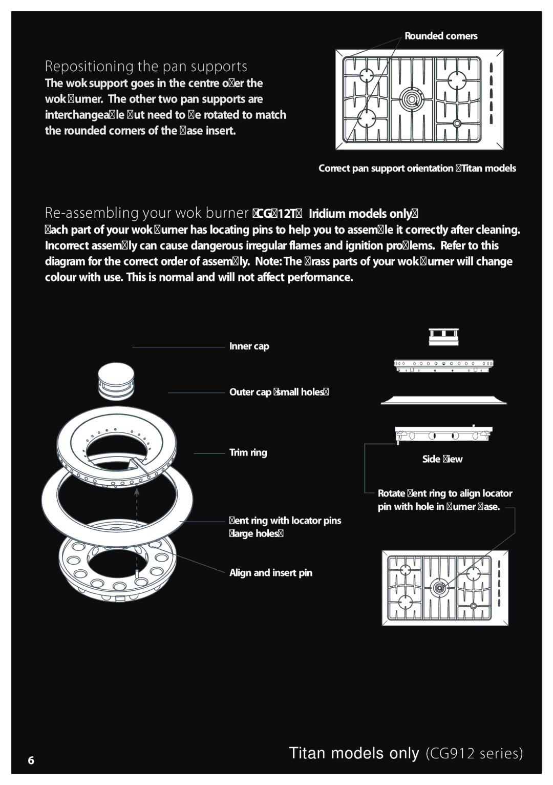 Fisher & Paykel CG902M, CG602M Repositioning the pan supports, Re-assembling your wok burner CG912TM Iridium models only 