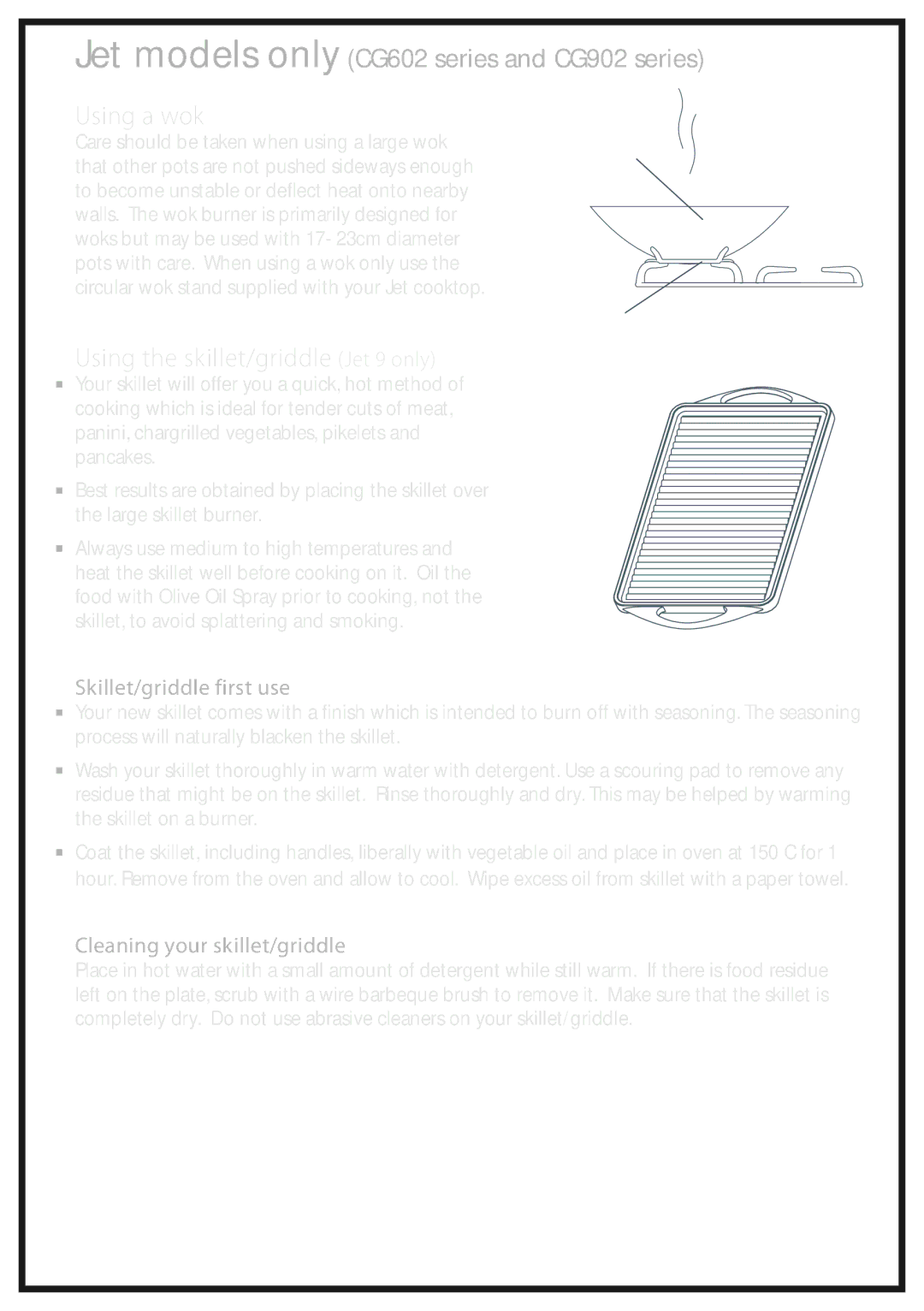 Fisher & Paykel CG902Q Using the skillet/griddle Jet 9 only, Skillet/griddle first use, Cleaning your skillet/griddle 