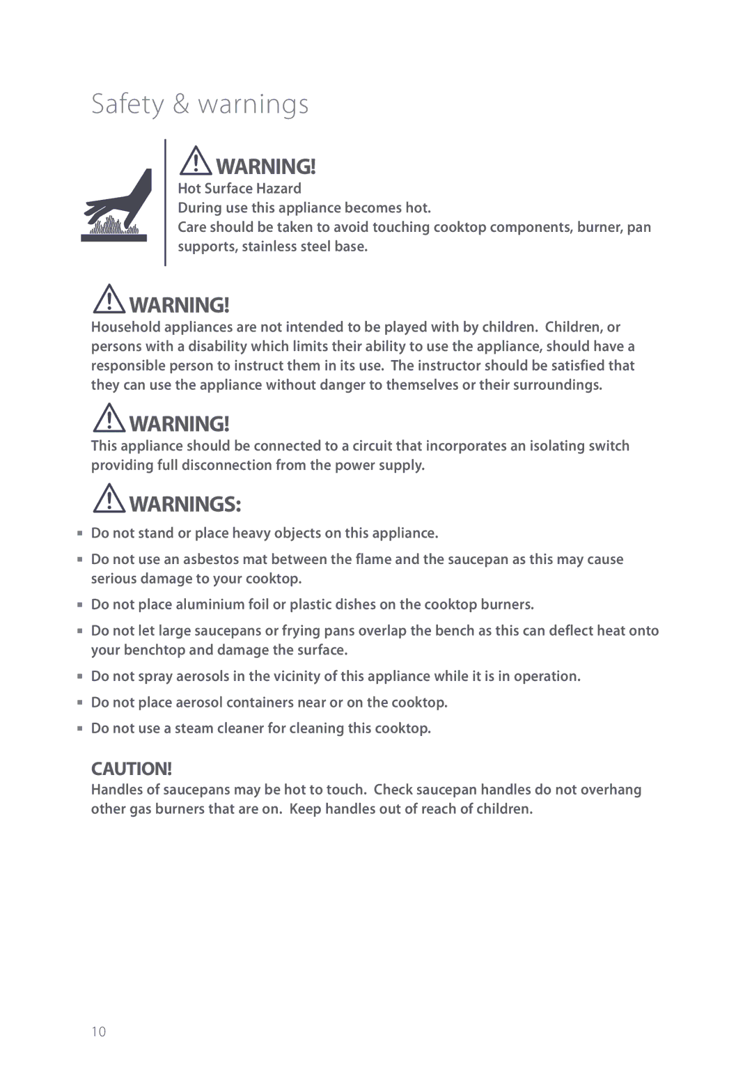 Fisher & Paykel CG602Q manual Safety & warnings, Do not use a steam cleaner for cleaning this cooktop 