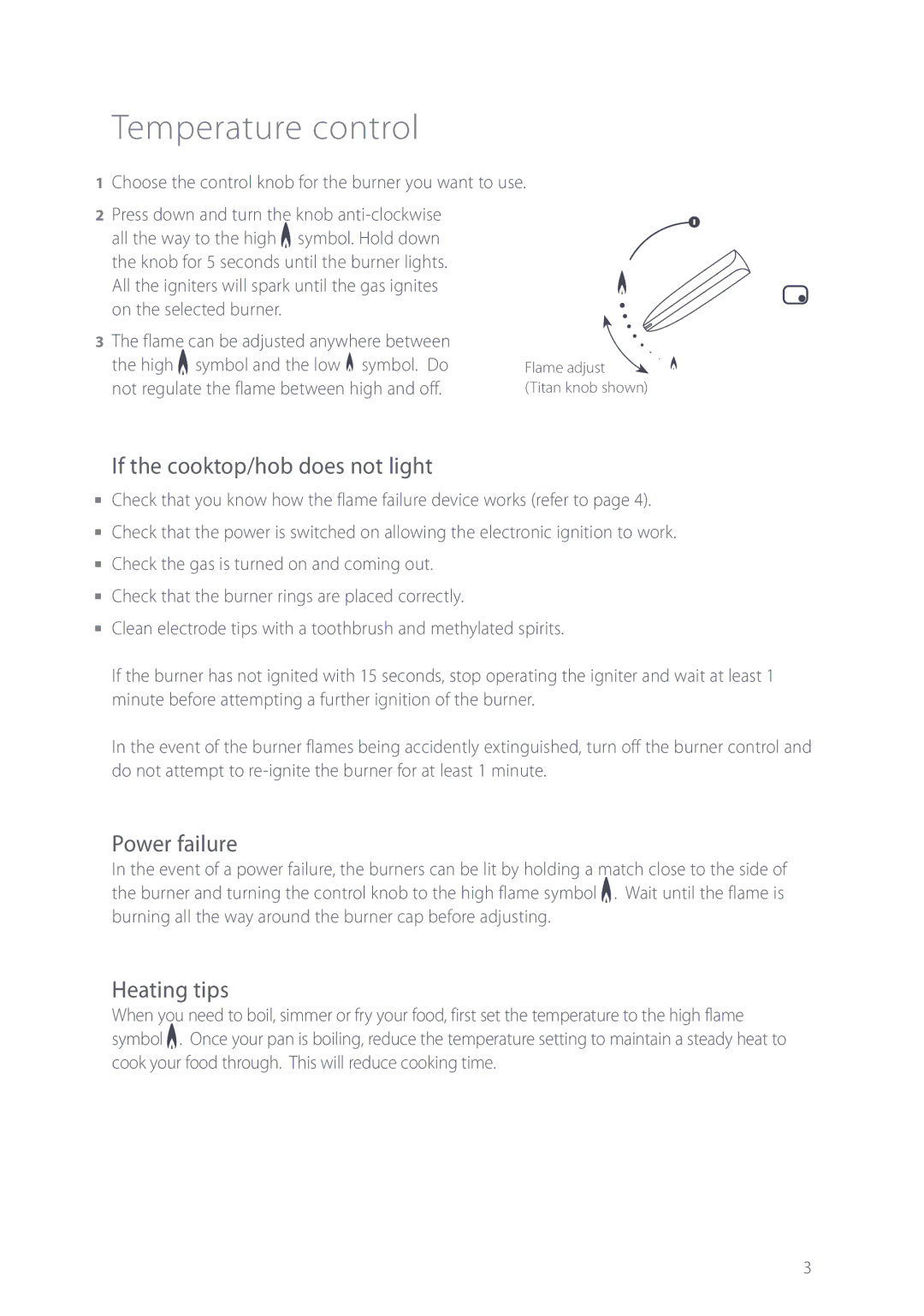 Fisher & Paykel CG602Q manual Temperature control, If the cooktop/hob does not light, Power failure, Heating tips 