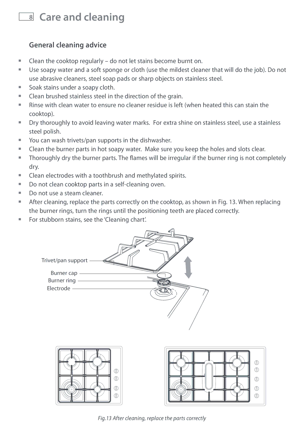 Fisher & Paykel CG603, CG903 manual Care and cleaning, General cleaning advice 