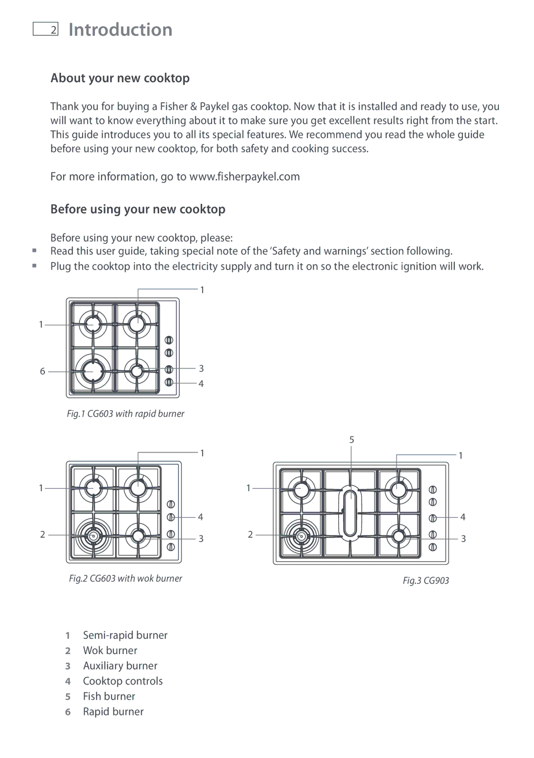 Fisher & Paykel CG603, CG903 manual Introduction, About your new cooktop, Before using your new cooktop 