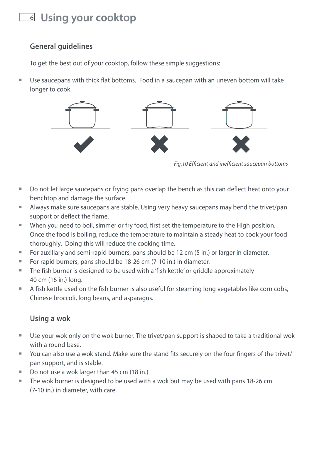 Fisher & Paykel CG603, CG903 manual General guidelines, Using a wok 