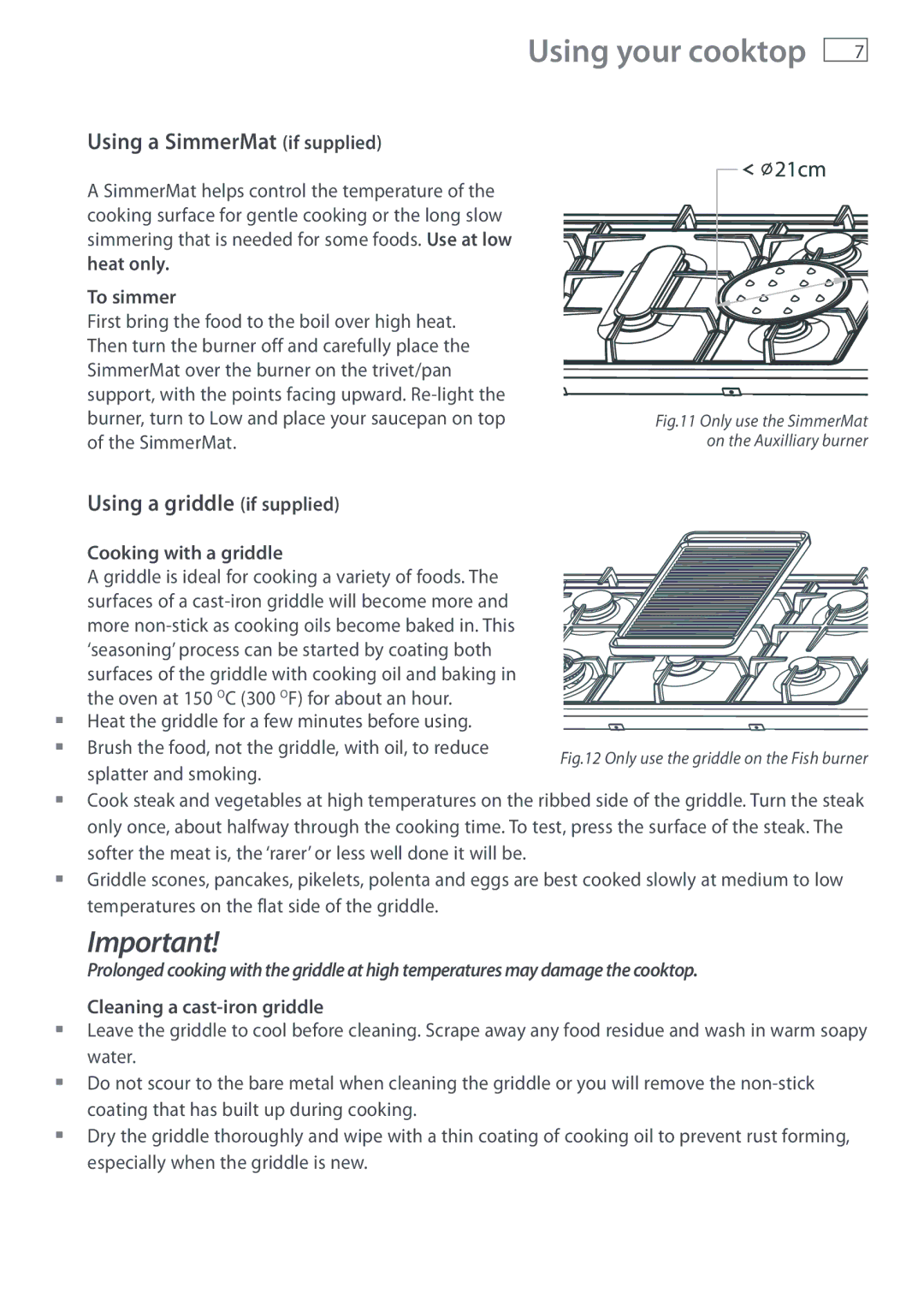 Fisher & Paykel CG603, CG903 manual Using a SimmerMat if supplied, Using a griddle if supplied 