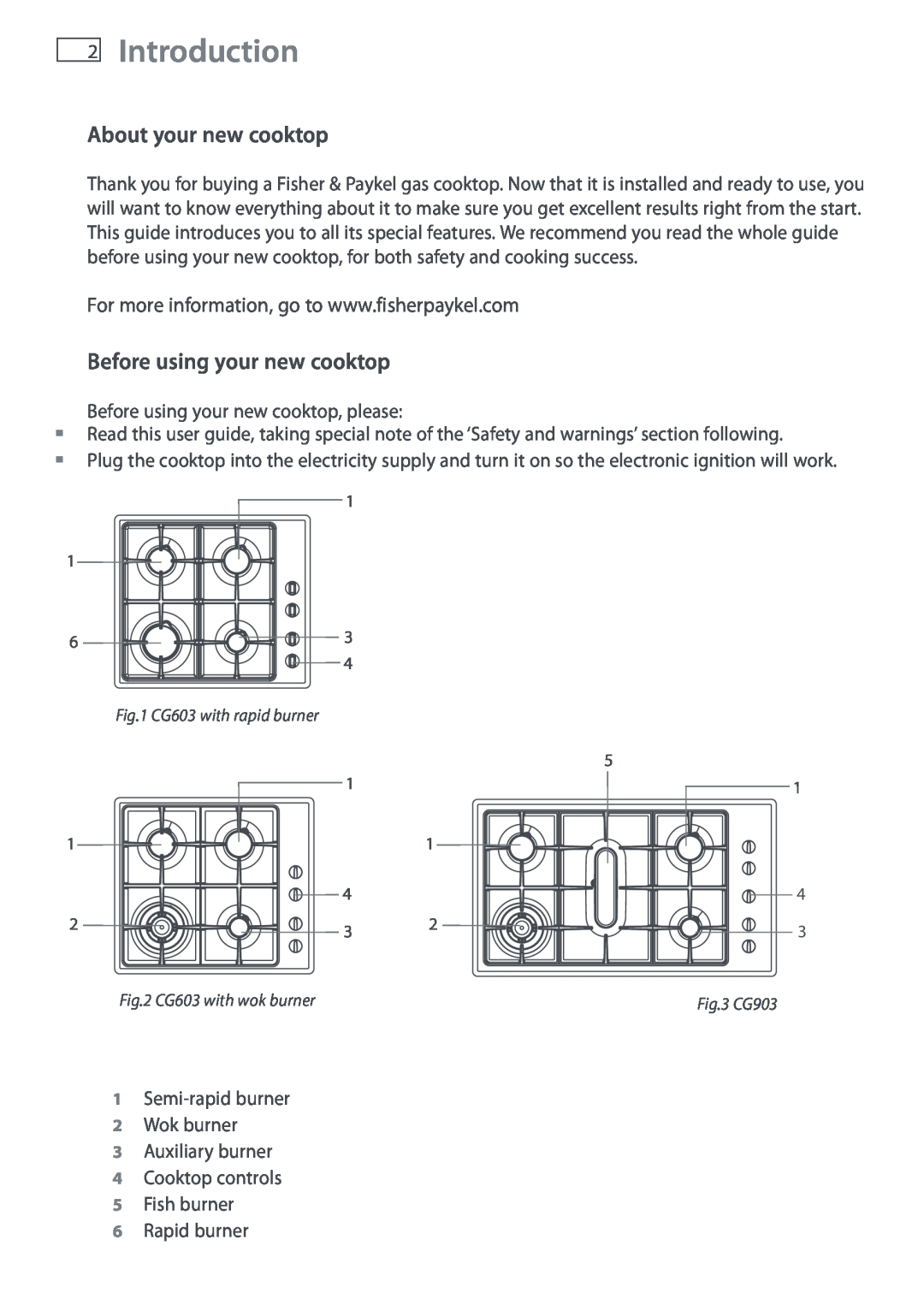 Fisher & Paykel CG603, CG903 manual Introduction, About your new cooktop, Before using your new cooktop 
